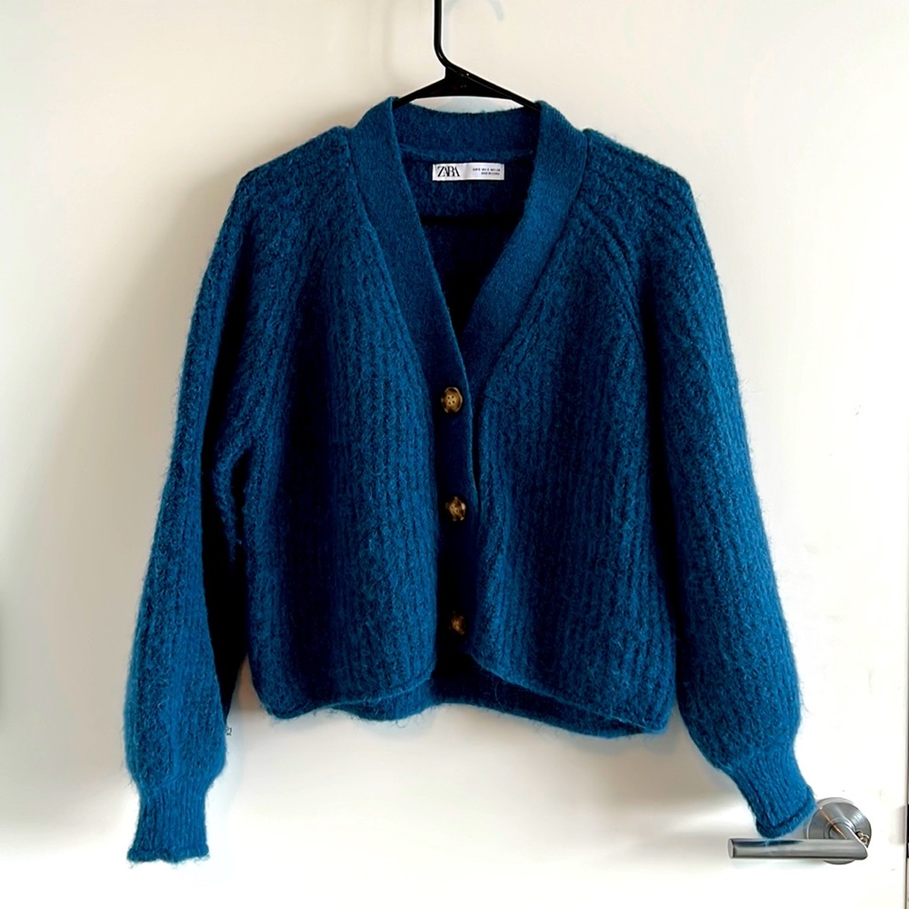 Zara Teal Blue Button-Front Mohair Blend Sweater